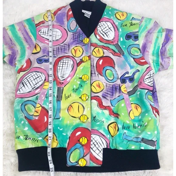 VINTAGE Hand Painted Bomber Jacket Tennis‎ Wearable Art Artsy 80s 90s Size Small - Picture 15 of 15